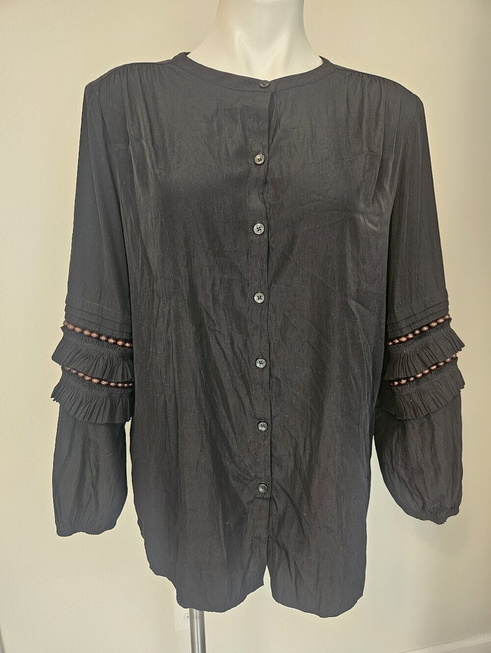 Chico's Black Beaded Ruffle Sleeve Button Down Blouse, a bohemian-inspired